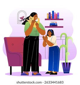Mother holding cat. Woman with domestic animal talking with girl. Family spending time with kitten. Mother and daughter with pet in home. Flat vector illustration