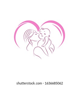 Mother holding Child baby Heart shape Logo design vector template. Medicine Clinic Care Charity Fund Logotype concept icon.