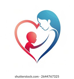 Mother holding Child baby Heart shape Logo design vector template.Medicine Clinic Care Charity Fund Logotype concept icon. isolated on white background.