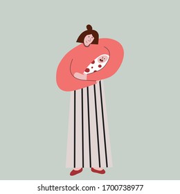 Mother holding a child flat illustration, disproportional people. Mother's day illustration. Motherhood vector illustration