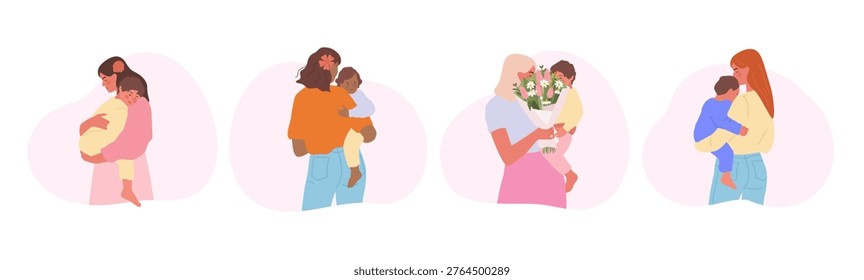 Mother holding a child. Flat style set. Mothers day. Motherhood. Mom and a kid.