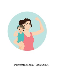 Mother Holding A Child Flat Vector Illustration. Strong Woman And Baby Icon