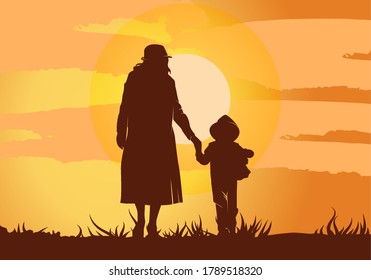 Mother holding child hand and bring the toy silhouette. Love symbol of family on black color. Eps 10. Holiday background element.