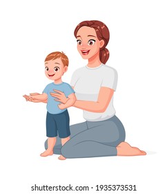 Mother holding child helping him to make first steps  Cartoon vector illustration isolated white background 
