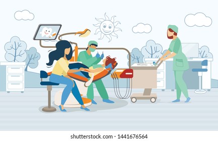 Mother Holding Child Lying in Medical Chair in Stomatologist Cabinet by Hand, Chamber with Nurse and Equipment, Doctor Check Up Patient Teeth and Conducting Treatment. Cartoon Flat Vector Illustration