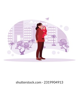 Mother holding child and walking in a park. Trend Modern vector flat illustration.