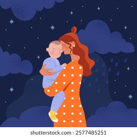 Mother holding and comforting a crying baby under a starry night sky with clouds and raindrops, wearing an orange polka-dot dress. Parenthood and care concept. Vector illustration.