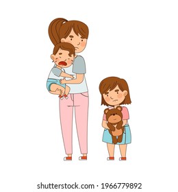 Mother Holding Crying Toddler Boy with Arms and Grumpy Sister Standing Nearby Holding Teddy Bear as Family Relations Vector Illustration