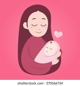 Mother holding cute baby. Happy Mothers' day. Vector illustration