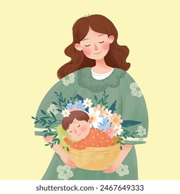 Mother holding cute baby sleeping in basket