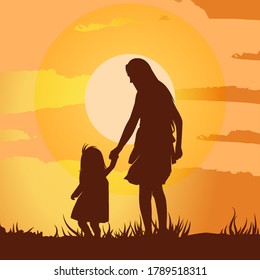 Mother holding daughter hand silhouette. Love symbol of family on black color. Eps 10. Holiday background element.