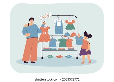 Mother holding dress and kid with T-shirt in clothing store. Cartoon mom with girl choosing and buying clothes and shoes in shop flat vector illustration. Family shopping, childrens fashion concept