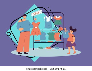 Mother holding dress and kid with T-shirt in clothing store. Cartoon mom with girl choosing and buying clothes and shoes in shop flat vector illustration. Family shopping, childrens fashion concept