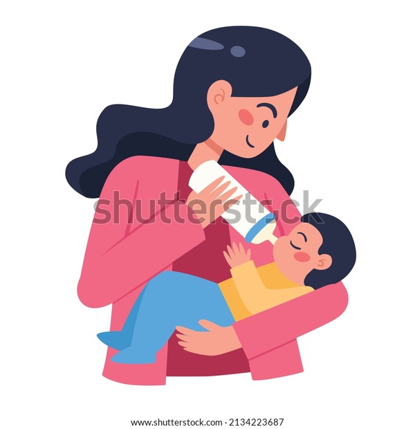 Mother Holding Feeding Baby Milk Bottle Stock Vector (Royalty Free ...