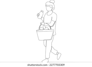 A mother holding a feeding bottle and a food basket. Grocery shopping one-line drawing