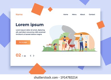 Mother holding fire extinguisher extinguishing burnt barbecue. Smoke, BBQ, backyard flat vector illustration. Family and weekend concept for banner, website design or landing web page