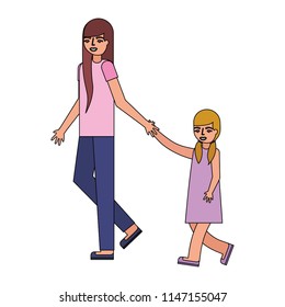 mother holding hand her daughter walking