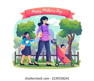 Mother holding hand of her Daughter and carrying a little child in a baby stroller walking in the city park. Happy mother's day. Flat style vector illustration