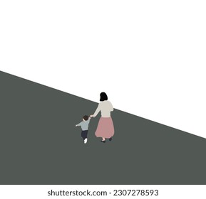 Madre tomando la mano de sus hijos y caminando por el centro de la ciudad vieja. Concepto familiar.