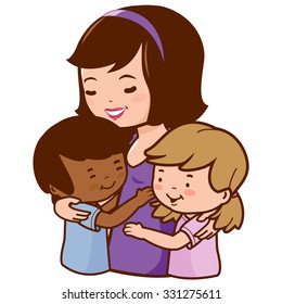 Mother holding her adopted children. Vector illustration 