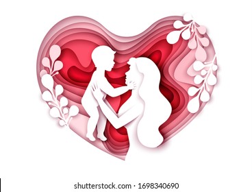 Mother holding her adorable baby boy, vector illustration in paper art craft style. Infant child and his mom in heart shape. Happy Mothers Day card, poster, banner etc.