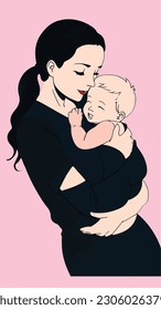 Mother holding her baby in her arms. Vector illustration in retro style.