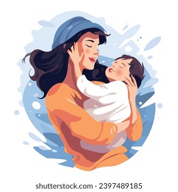 Mother holding her baby in her arms. Vector illustration in cartoon style. Mother day