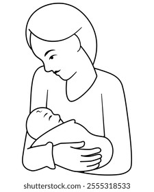  Mother holding her baby in her arms. Vector outline illustration. Mother's day, parenting, newborn. 