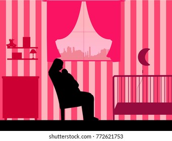 Mother holding her baby in her arms in the pink room, one in the series of similar images silhouette