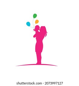Mother holding her baby and balloons. vector illustration