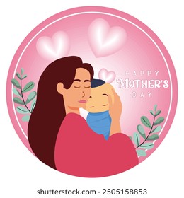 A mother holding her baby boy. Happy mother's day. Flat vector illustration.