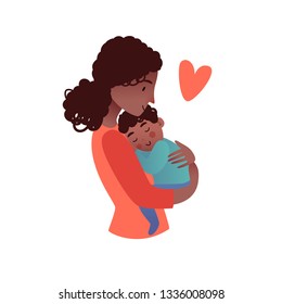 Mother holding her baby in hands. Cute vector cartoon illustration.