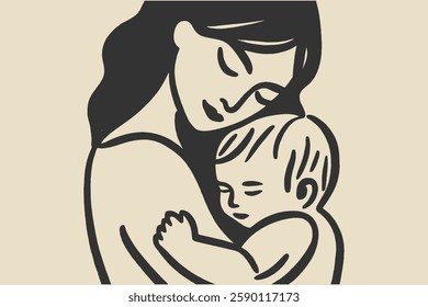 Mother holding her baby with love, minimalist hand-drawn illustration