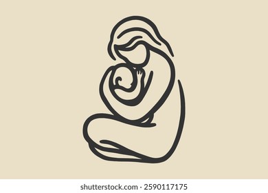 Mother holding her baby with love, minimalist hand-drawn illustration