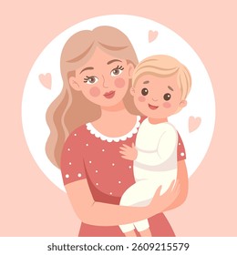 Mother holding her baby with love and care. Cute flat style illustration.