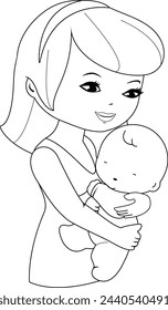 Mother holding her baby. Mommy holding her newborn infant in a hug. Vector black and white coloring page.