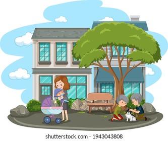 Mother holding her baby and an old couple in the park isolated illustration