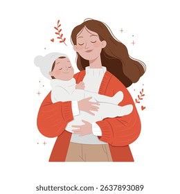 Mother holding her baby. Pregnancy and breastfeeding concept. Mom and child in warm clothes. Vector illustration love, care, and family bonding for parenting blogs, greeting cards, and nursery prints.