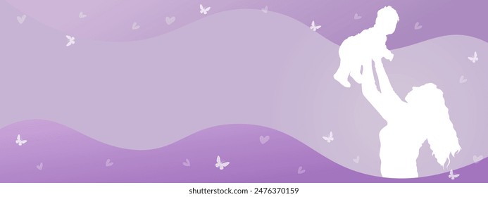 mother holding her baby in purple wave background for mothers day banner template 