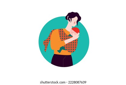 mother holding her baby in sling baby carrier. flat vector isolated illustration