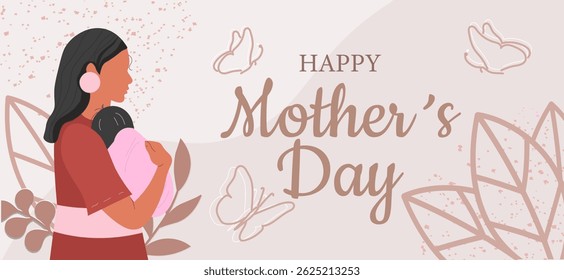 A mother holding her baby in warm tones with floral and butterfly elements, on a soft pastel background. Concept of Mother's Day celebration. Vector illustration