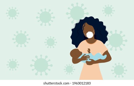 Mother holding her baby wearing face mask in front of a coronavirus background