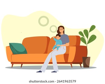 Mother holding her baby while sitting on orange couch. Calm and loving moment, flat vector illustration.