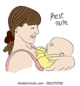 Mother holding her child in her arms, with the words best mom