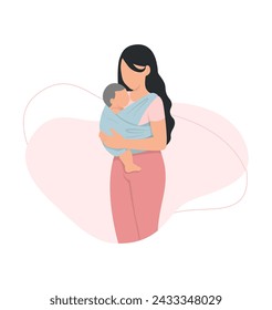 Mother holding her child in baby carrier, side view