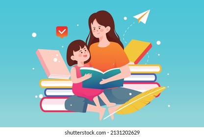 Mother holding her child and reading a book surrounded by books, vector illustration, world book day