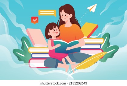 Mother holding her child and reading a book surrounded by books, vector illustration, world book day