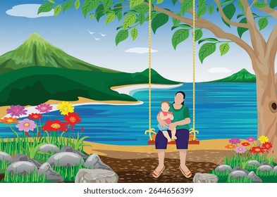 A mother is holding her child and sitting on a swing on the beach. vector design