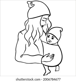 Mother holding her child in sling and smiling, hand drawn sketch illustration 