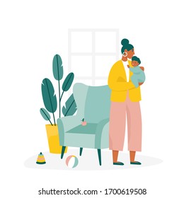 Mother holding her child. Stay-at-home mom. Maternity and career. Flat vector illustration